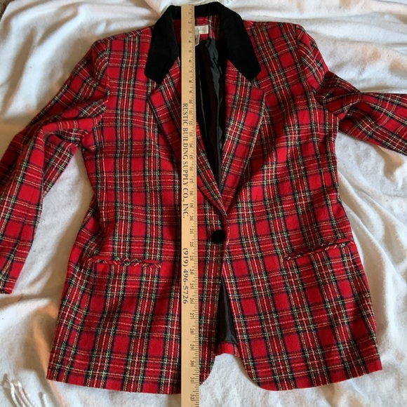 Kim Rogers vintage plaid blazer red & black holiday goth punk velvet collar - Picture 10 of 10
